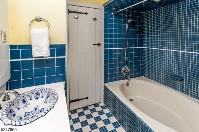 a bathroom with a bathtub and shower