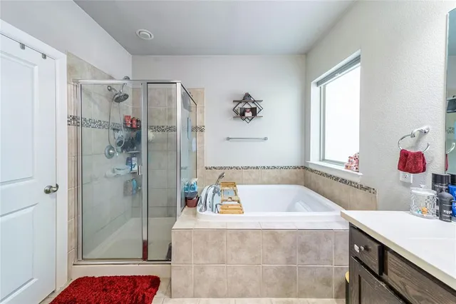 a bathroom with a tub a sink and a shower
