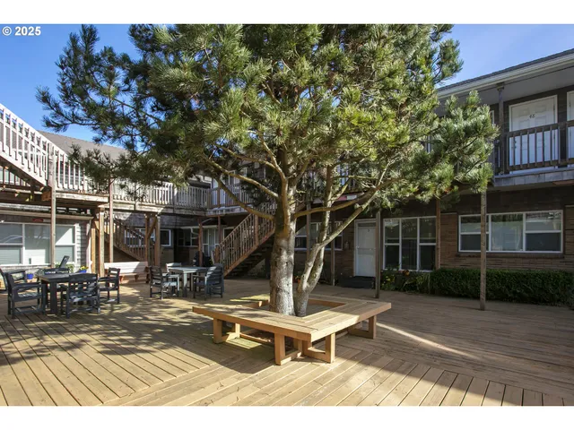 a building outdoor space with seating space