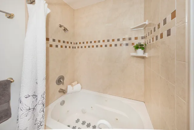 a bathroom with a bathtub and shower