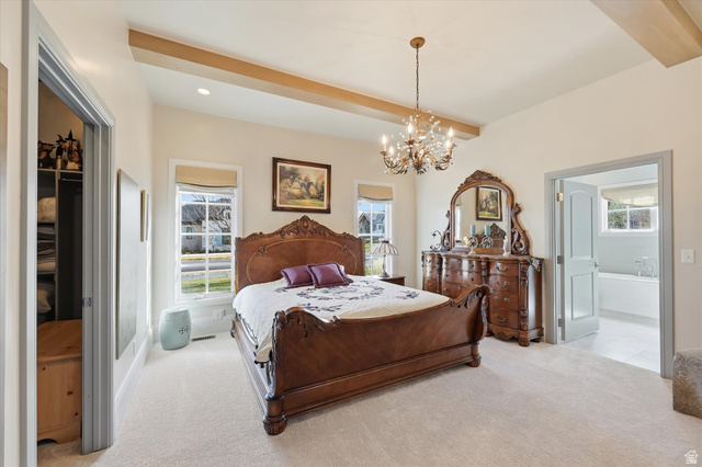 930 Price Farm Court Midway, UT 84049 - Photo 4 of 42 Master Bedroom featuring beamed ceiling, light carpet, chandelier, and multiple windows