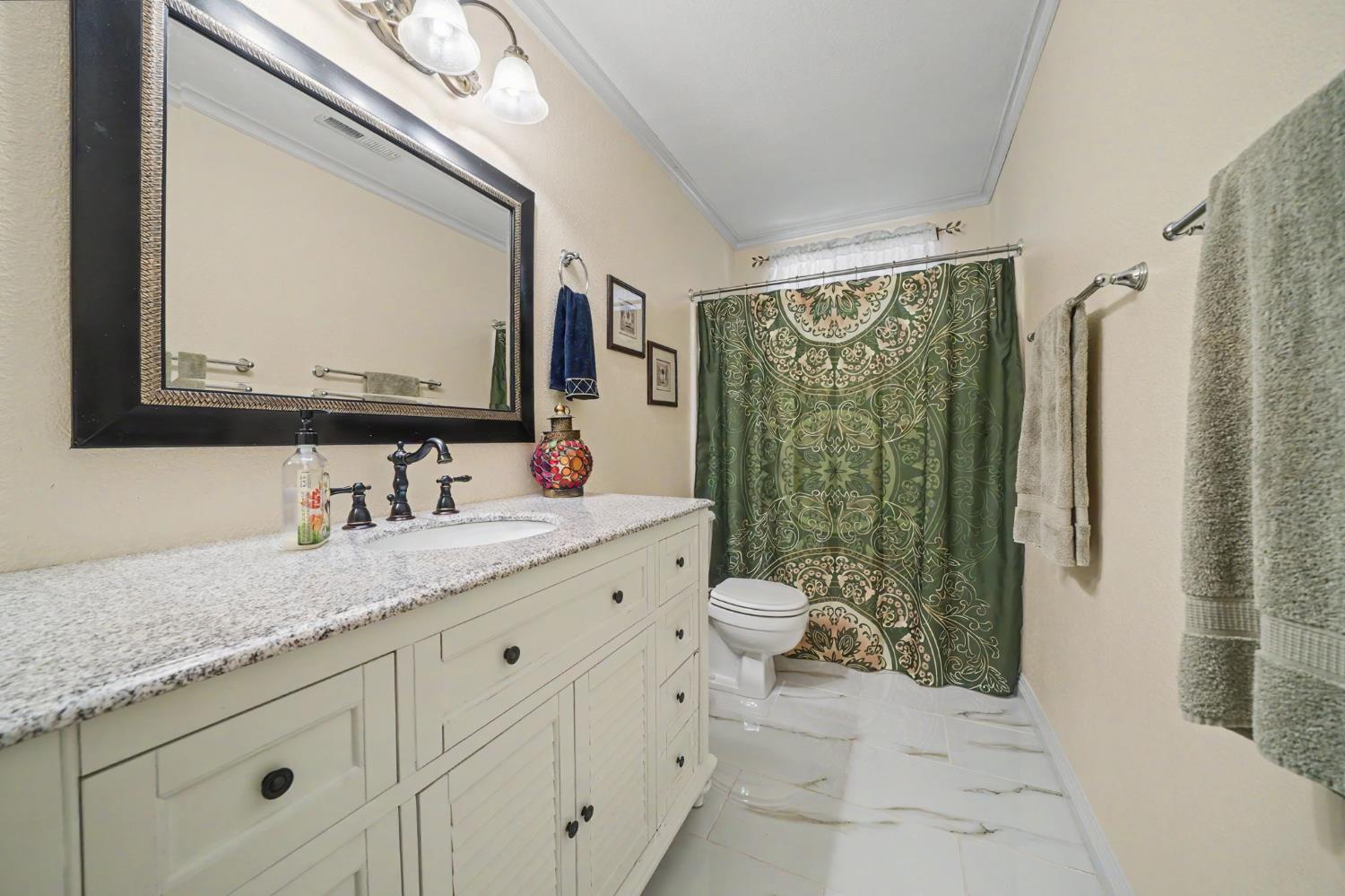 6364 Baldwin Street Valley Springs, CA 95252 - Photo 38 of 72 a bathroom with a granite countertop sink toilet and shower