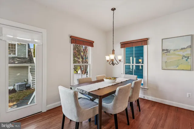 a view of a dining room with furniture window and wooden floor