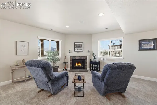 a living room with furniture potted plant and a fireplace