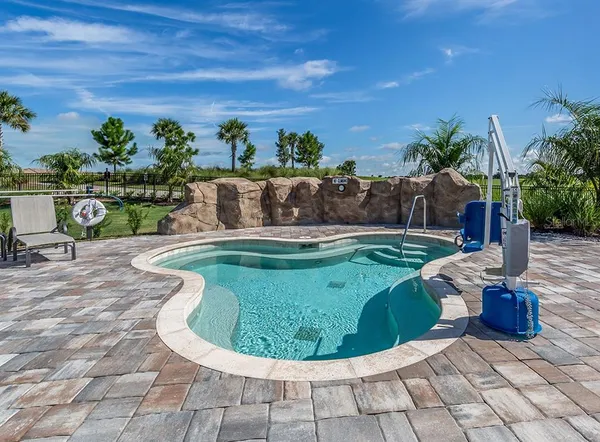 a view of a swimming pool with a yard