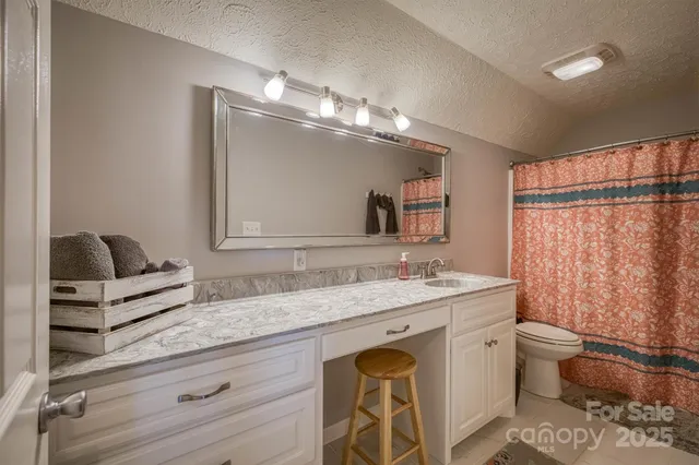 a bathroom with a granite countertop sink a toilet and a mirror
