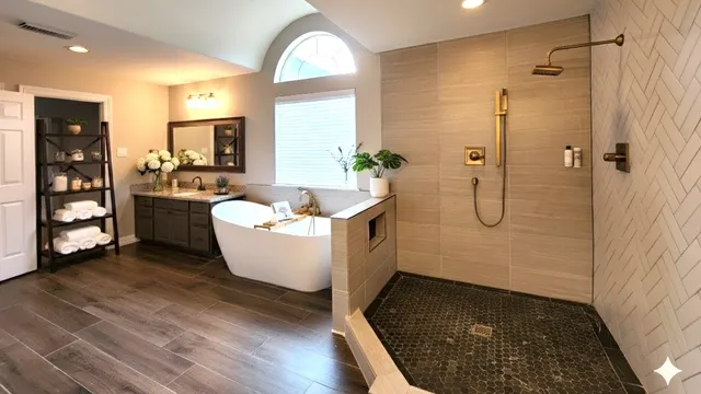 a bathroom with a bathtub and shower