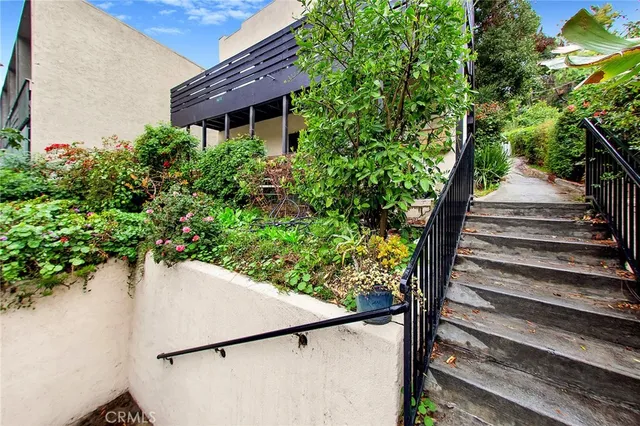 a view of a house with potted plants and a large tree