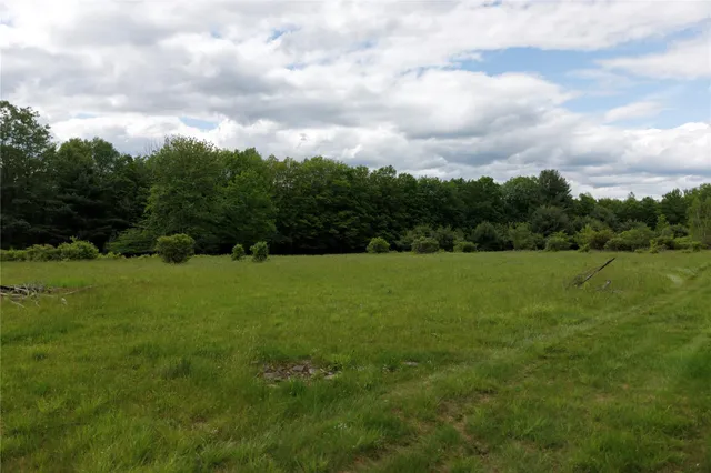 a view of a green field with wooden fence