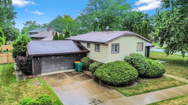 a aerial view of a house with a yard plants and large tree