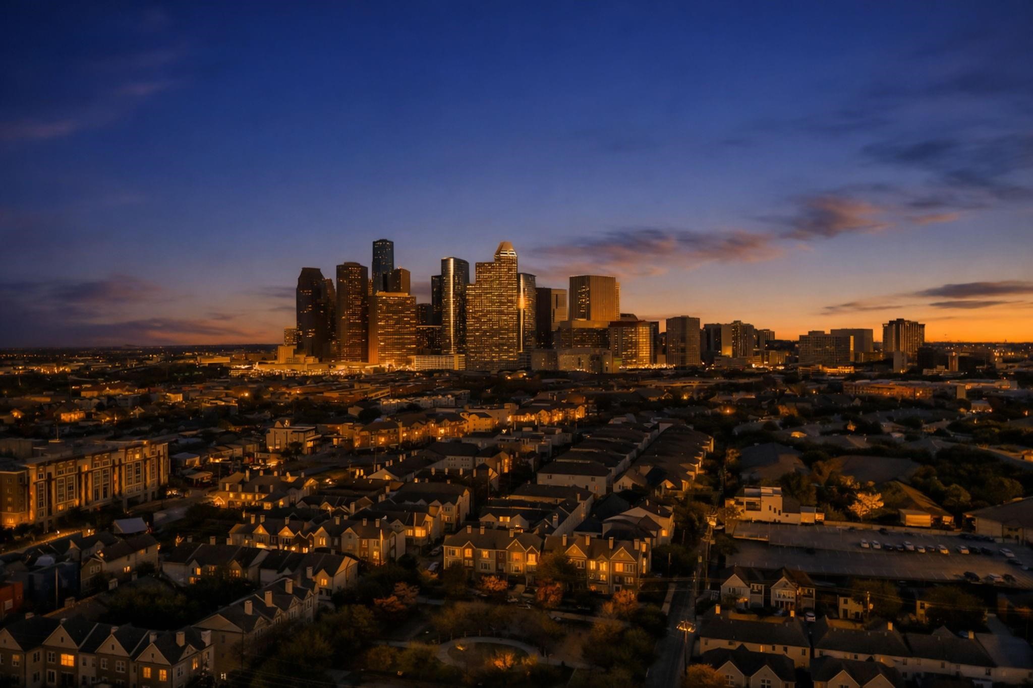 1900 Genesee Street, Unit 203 Houston, TX 77006 - Photo 28 of 30 This photo showcases a vibrant cityscape at dusk, with a stunning skyline illuminated against a colorful evening sky. The foreground features a neighborhood with well-lit streets and homes, offering a blend of urban and residential appeal.