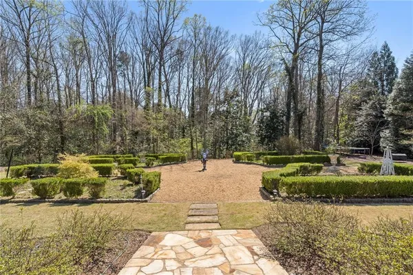 a view of an chairs in front of building
