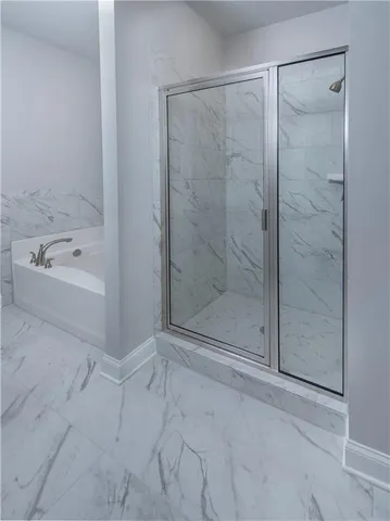 a bathroom with a bathtub and a shower