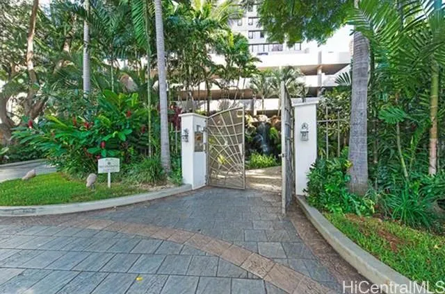 a view of a garden with pathway