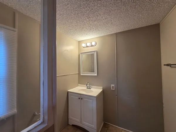 a bathroom with a sink a light fixture and a mirror