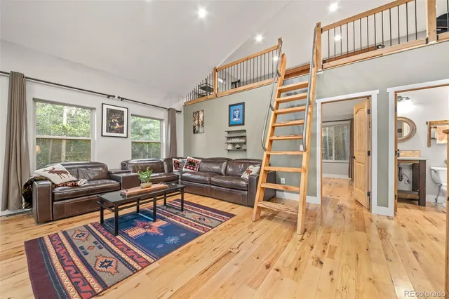 a living room with furniture a rug and a window