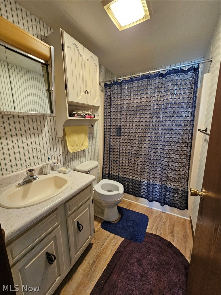 Bathroom with wood-type flooring, vanity with extensive cabinet space, and toilet