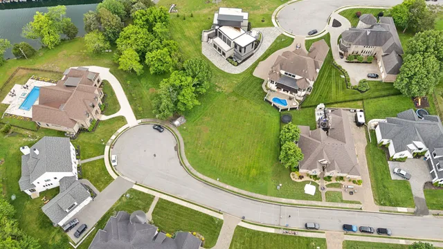 an aerial view of a swimming pool