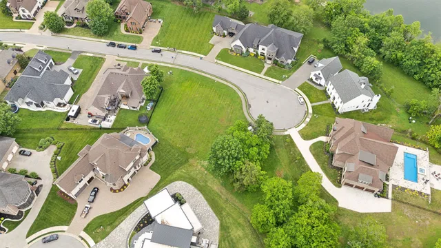 an aerial view of a swimming pool