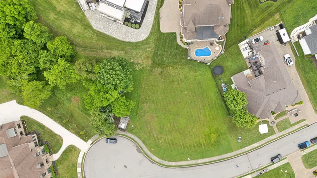 an aerial view of a swimming pool