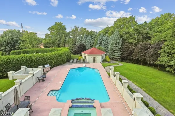 a view of a swimming pool with a yard and furniture