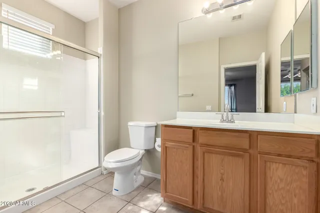 a bathroom with a sink a toilet a large mirror and shower