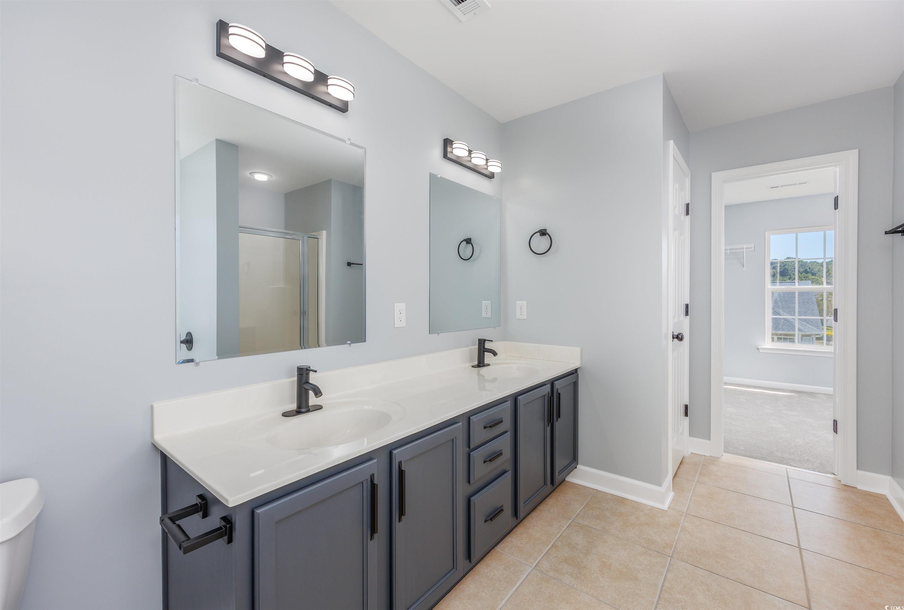 1031 Snowberry Drive Longs, SC 29568 - Photo 34 of 38 Bathroom featuring double vanity, light tile patterned flooring, and a shower stall