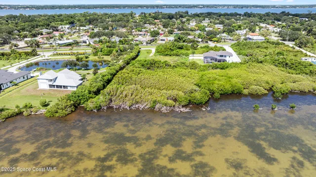 an aerial view of residential houses with outdoor space and trees
