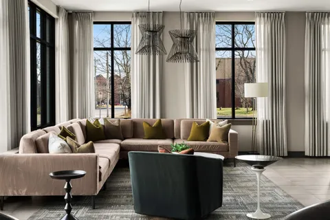 a living room with furniture and a potted plant