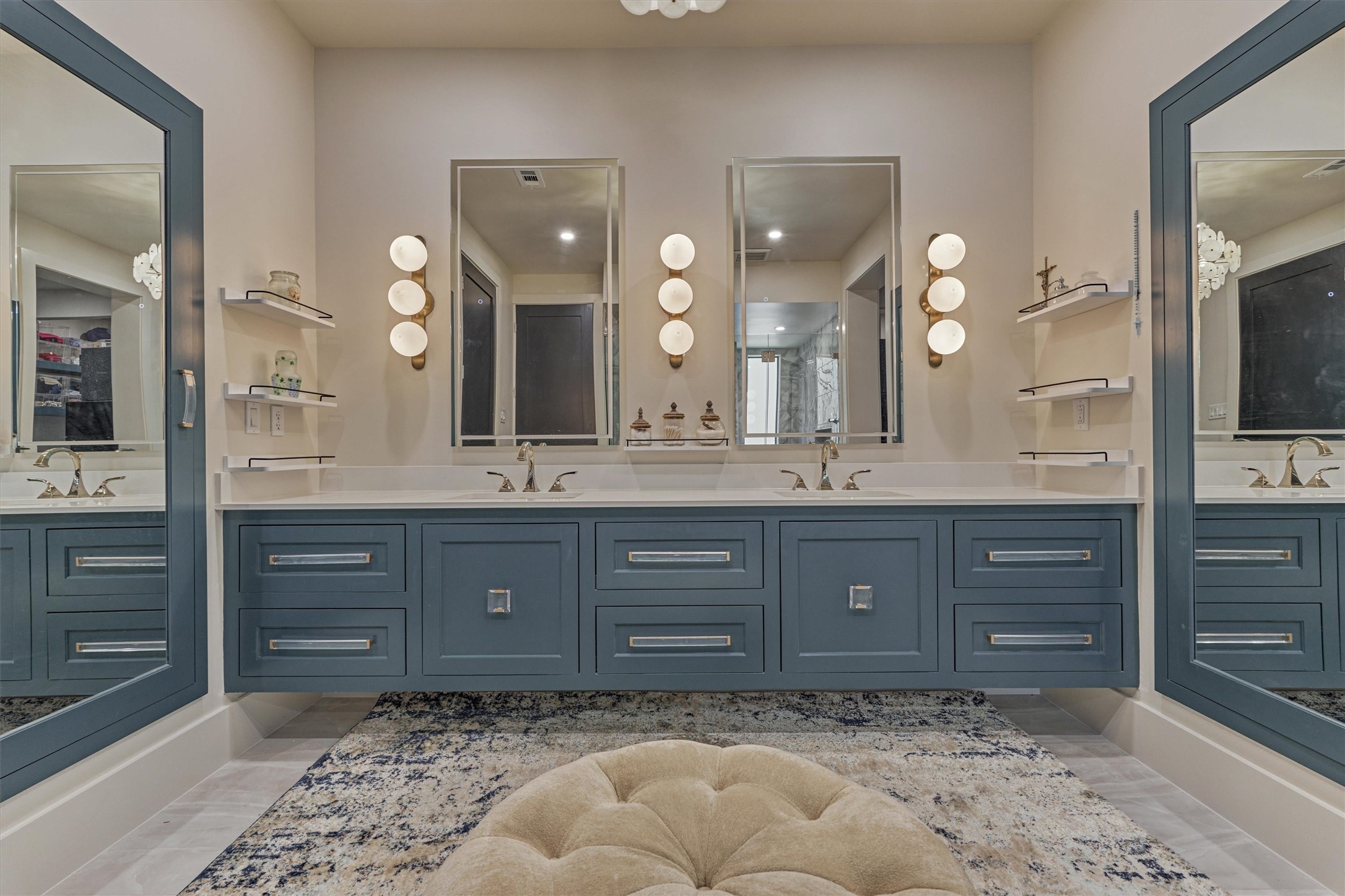 15 Atrium Woods Court The Woodlands, TX 77381 - Photo 24 of 50 a bathroom with a granite countertop sink and a mirror
