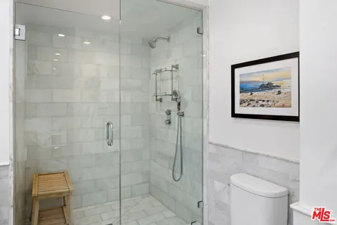 a bathroom with a shower and toilet