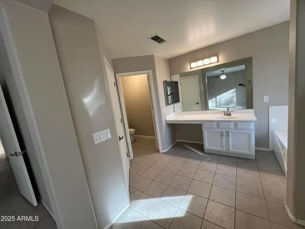 a large bathroom with a sink a toilet and mirror