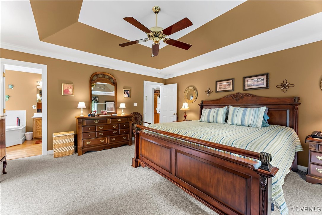 2655 Dorset Ridge Road Powhatan, VA 23139 - Photo 33 of 50 Bedroom featuring a tray ceiling, light carpet, cr