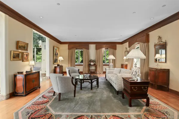 a view of a dining room with furniture window and outside view