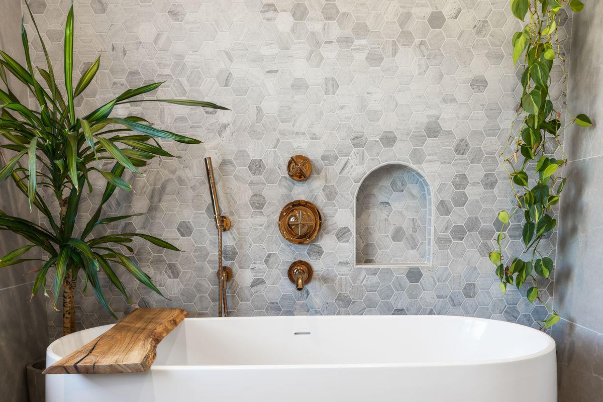 13202 Ojai Road Santa Paula, CA 93060 - Photo 26 of 50 a bathroom with a granite countertop sink a mirror and shower