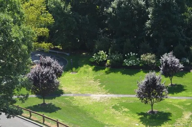 a view of a garden with a fountain