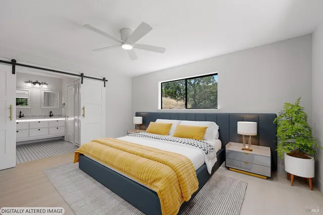 a view of an empty room with a bathroom