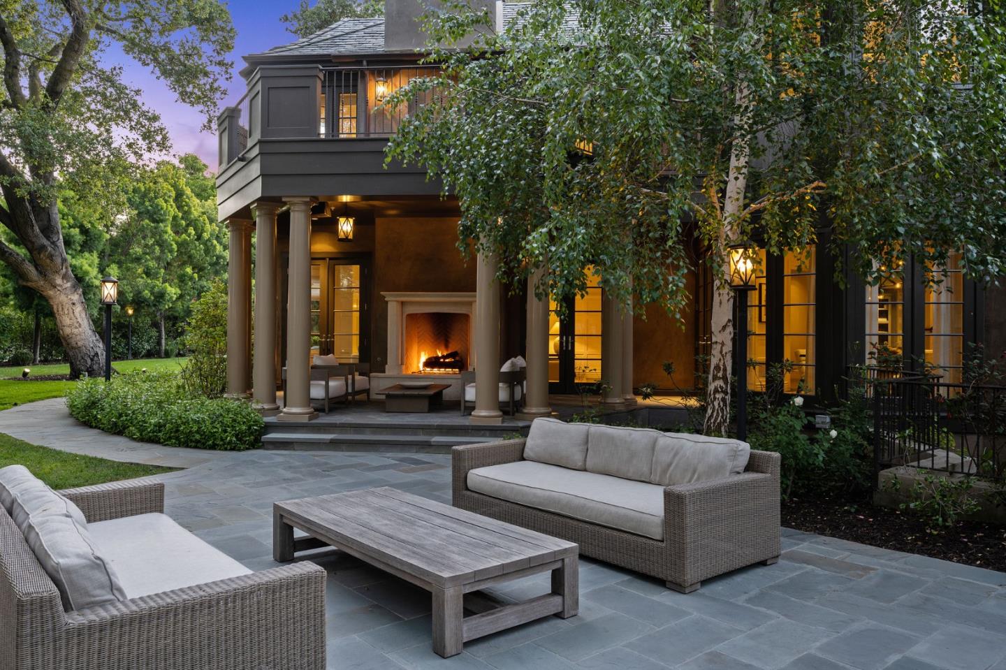 5 Faxon Forest Atherton, CA 94027 - Photo 44 of 46 a view of a patio with couches and a fire pit and large trees