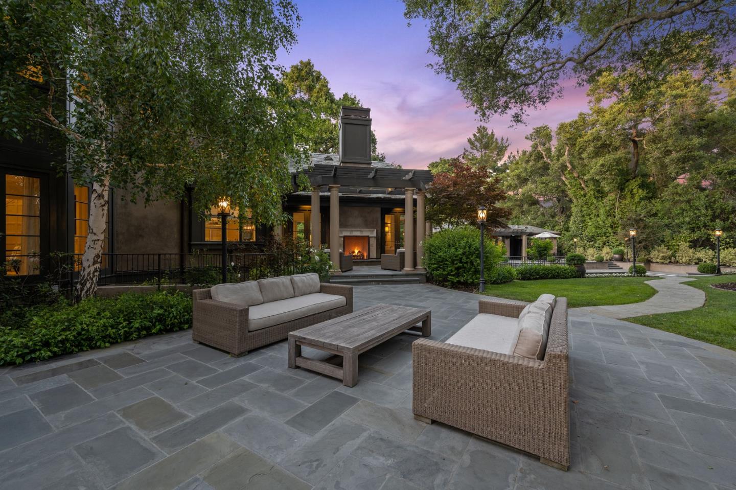 5 Faxon Forest Atherton, CA 94027 - Photo 45 of 46 a view of a patio with couches and a fire pit and a yard