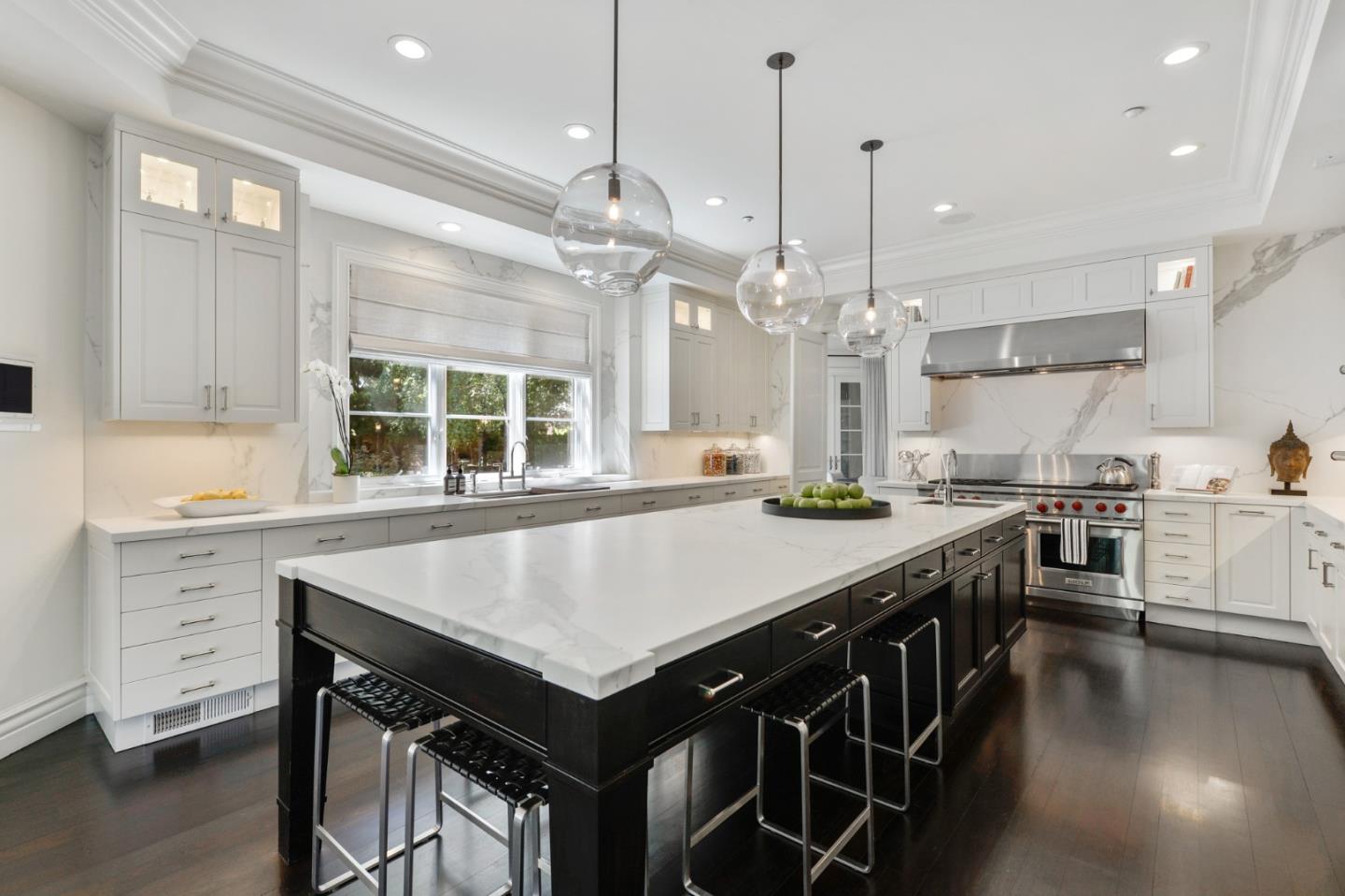 5 Faxon Forest Atherton, CA 94027 - Photo 10 of 46 a kitchen with stainless steel appliances granite countertop a stove a sink dishwasher and a oven with white cabinets