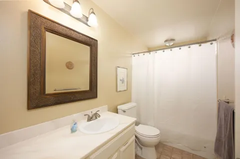 a bathroom with a sink a toilet and shower curtain