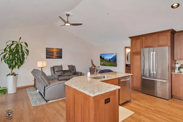 a living room with furniture and a table