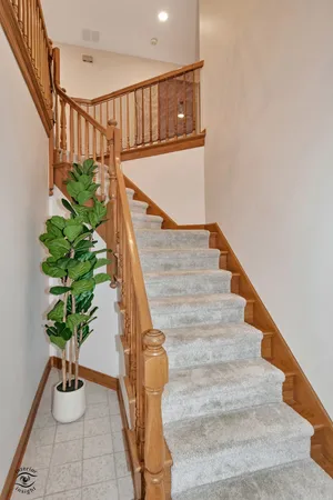 a view of staircase with wooden floor and a potted plant
