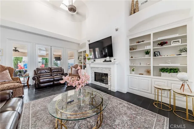 a living room with furniture and a table