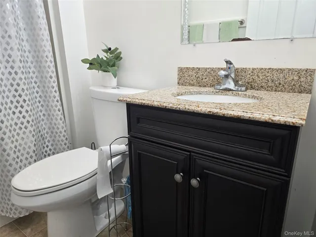 a bathroom with a granite countertop toilet sink and mirror