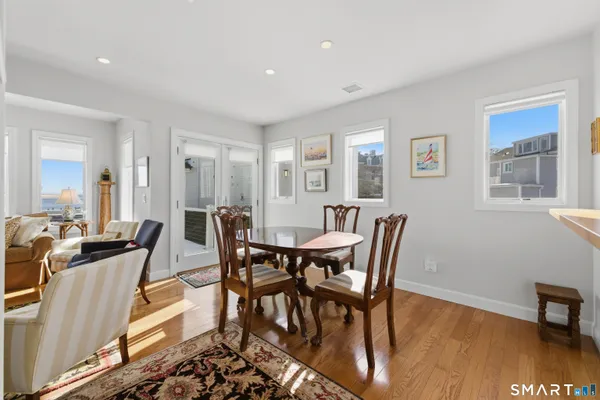 a view of a dining room with furniture