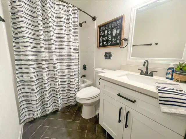 a bathroom with a sink a toilet and shower curtain