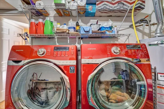 a view of a garage with rack and bicycle