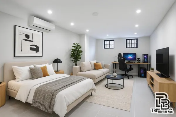 a bedroom with a bed a couch and a flat screen tv