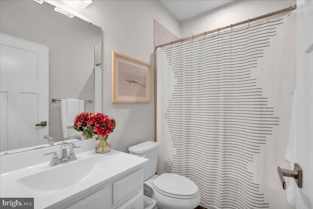 a bathroom with a sink a toilet and shower curtain